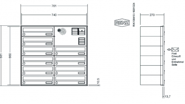 RENZ Briefkastenanlage Unterputz, Schattenfugenrahmen, Kastenformat 370x110x270mm, mit Klingel - & Lichttaster und Vorbereitung Gegensprechanlage, 10-teilig,